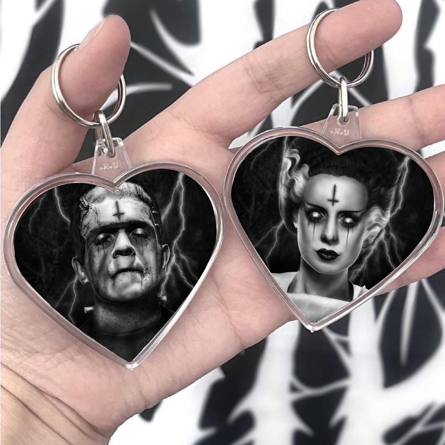 Frankenstein & Bride Double-Sided Heart Keyring